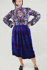 vintage purple and blue plaid wool Pendleton midi skirt front