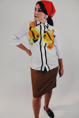 Vintage white button up blouse with green and orange flower print front