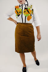 Vintage brown high waist midi skirt with floral embroidery front
