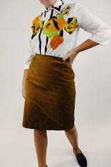 Vintage brown high waist midi skirt with floral embroidery front