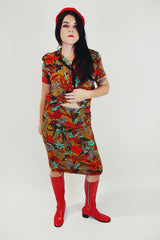 vintage brown jacket and skirt set with red and mint green floral print short sleeves and midi length skirt front