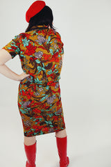 vintage brown jacket and skirt set with red and mint green floral print short sleeves and midi length skirt back