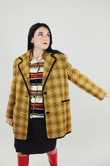 mustard yellow diamond printed wool pea coat women's vintage front