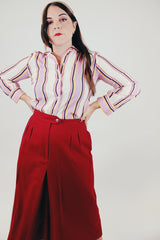 long sleeve vintage women's button up blouse with pink black and yellow stripes front