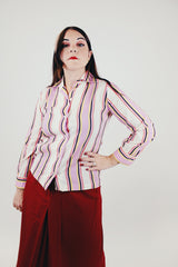 long sleeve vintage women's button up blouse with pink black and yellow stripes front