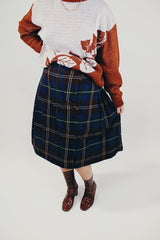 women's vintage plaid wool wrap skirt midi length brown and navy front