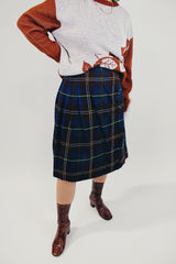 women's vintage plaid wool wrap skirt midi length brown and navy front