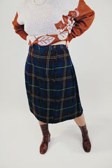 women's vintage plaid wool wrap skirt midi length brown and navy front