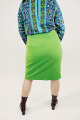 lime green women's vintage form fitting midi skirt wool back