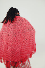 women' vintage crochet red poncho with fringe hem back