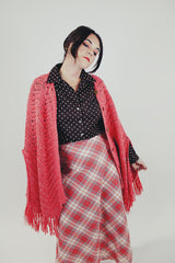 women' vintage crochet red poncho with fringe hem front