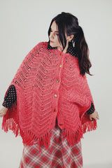 women' vintage crochet red poncho with fringe hem front