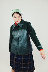 women's vintage dark green leather and suede button up jacket with collar front