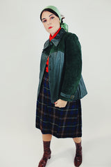 women's vintage dark green leather and suede button up jacket with collar front