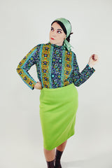 vintage women's green paisley printed long sleeve mock neck blouse zipper in back