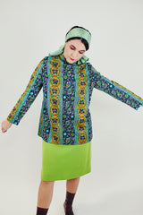 vintage women's green paisley printed long sleeve mock neck blouse zipper in back