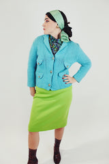 blue shetland wool cardigan with front pockets and silver button women's vintage