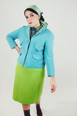 blue shetland wool cardigan with front pockets and silver button women's vintage