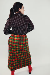 women's vintage red green and yellow checkered set with button up vest and long skirt