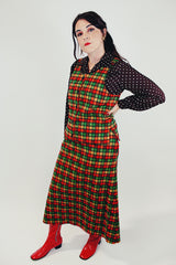 women's vintage red green and yellow checkered set with button up vest and long skirt