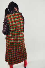 women's vintage red green and yellow checkered set with button up vest and long skirt