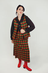 women's vintage red green and yellow checkered set with button up vest and long skirt