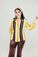 women's vintage yellow and brown striped button up blouse with collar front