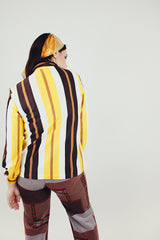 women's vintage yellow and brown striped button up blouse with collar back