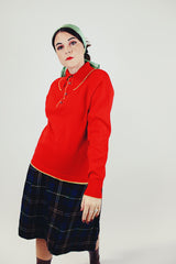 long red sweater with half buttons and collar
