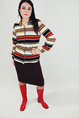 women's vintage striped button up blouse with collar red white yellow black stripes