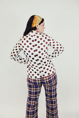 women's vintage longe sleeve button up blouse with pointy collar white with big brown polka dots