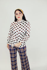 women's vintage longe sleeve button up blouse with pointy collar white with big brown polka dots