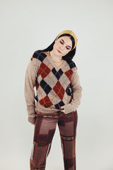 women's vintage long sleeve v-neck sweater in brown argyle print front