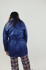 women's vintage blue leather wrap jacket back