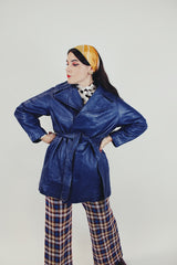 women's vintage blue leather wrap jacket front