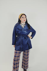 women's vintage blue leather wrap jacket front