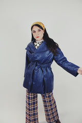 women's vintage blue leather wrap jacket front