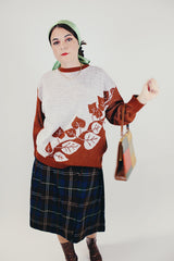 long sleeve pullover sweater in brown and white with leaf pattern women's vintage front