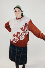 long sleeve pullover sweater in brown and white with leaf pattern women's vintage front