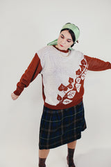 long sleeve pullover sweater in brown and white with leaf pattern women's vintage front