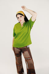 women's vintage green pullover sweater with slight v neck and side slits front