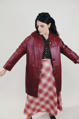 maroon long sleeve long leather jacket women's vintage collar and pockets front