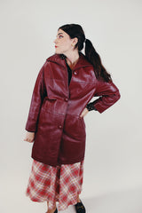 maroon long sleeve long leather jacket women's vintage collar and pockets front