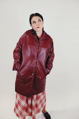 maroon long sleeve long leather jacket women's vintage collar and pockets front
