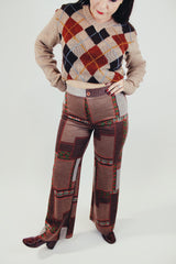 brown printed women's vintage pants flair elastic waist front