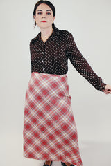 vintage women's pink plaid wool long skirt with side zipper
