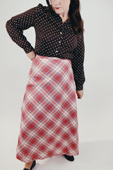 vintage women's pink plaid wool long skirt with side zipper