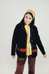 vintage women's polyester knit black cardigan with gold buttons and double lapel front