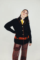 vintage women's polyester knit black cardigan with gold buttons and double lapel front