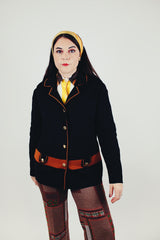 vintage women's polyester knit black cardigan with gold buttons and double lapel front